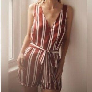 Anthropologie Women's Belted Striped Sleeveless V-Neck Romper Red & White NWT